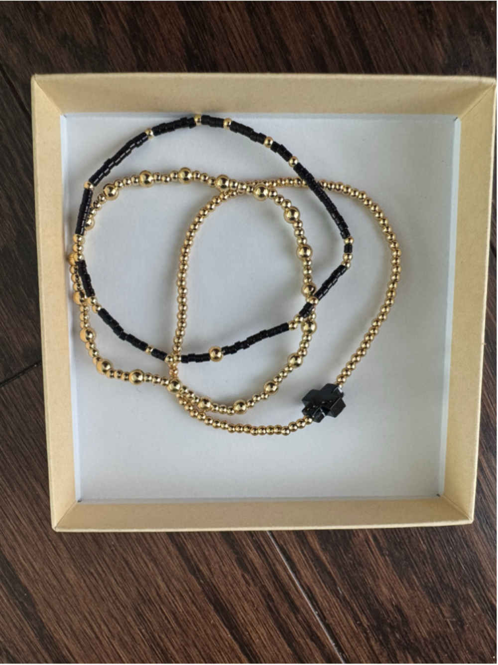 Gold & Black Beaded Stretch Bracelet Set Stackable 3 Piece